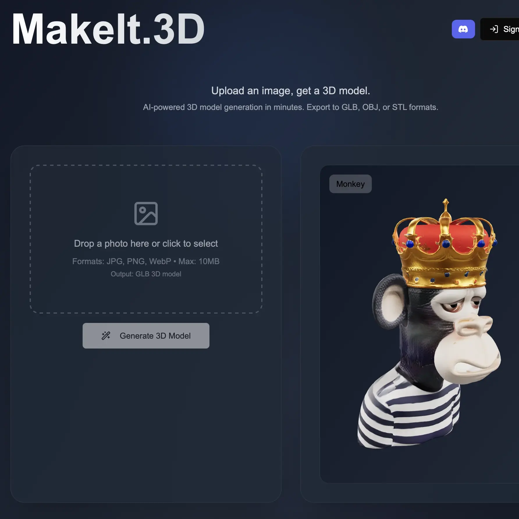 Image to 3D model generator screenshot